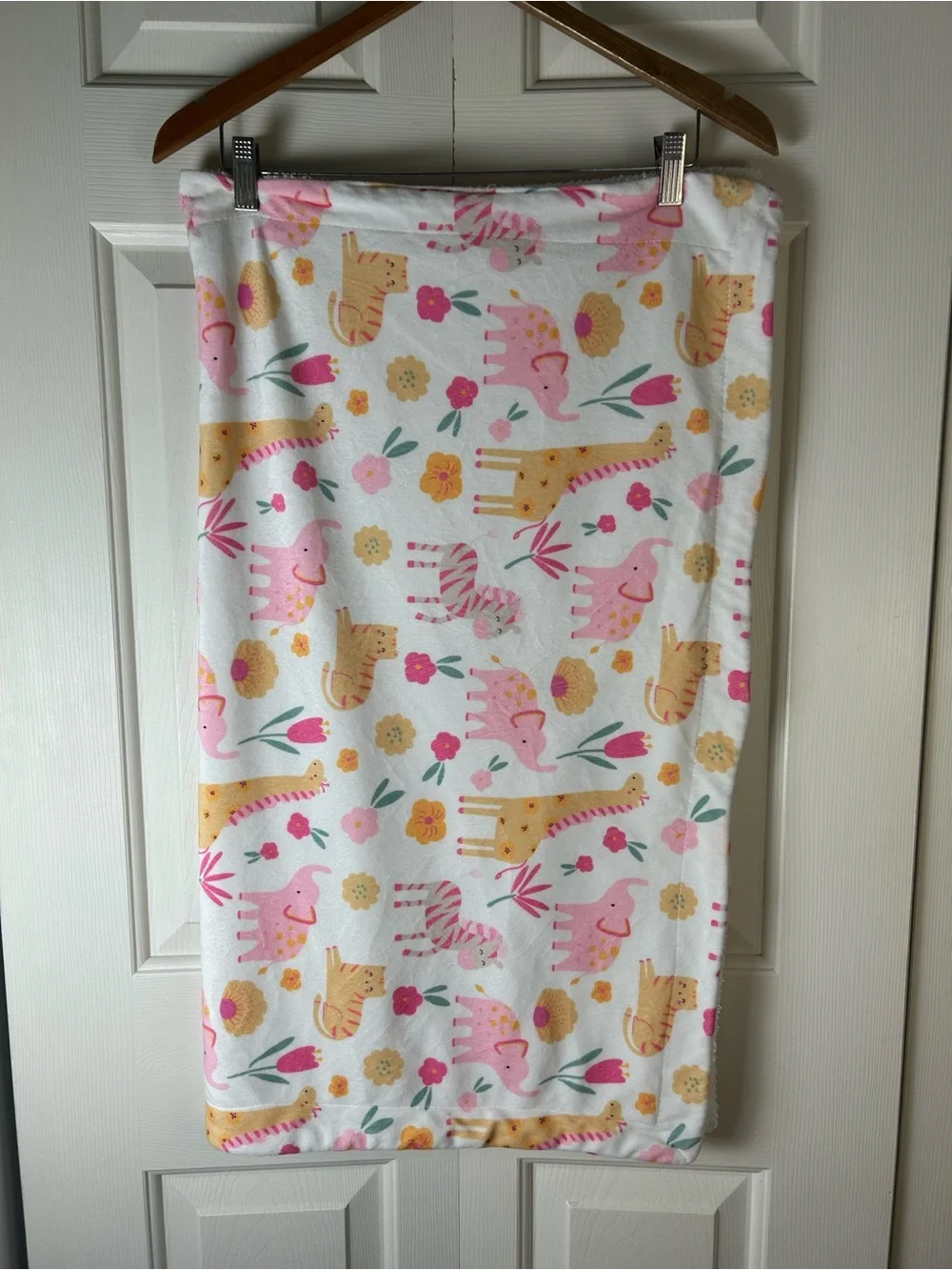 Pink Orange Yellow Elephant Giraffe Zebra Cat Baby Blanket Sherpa White Flowers